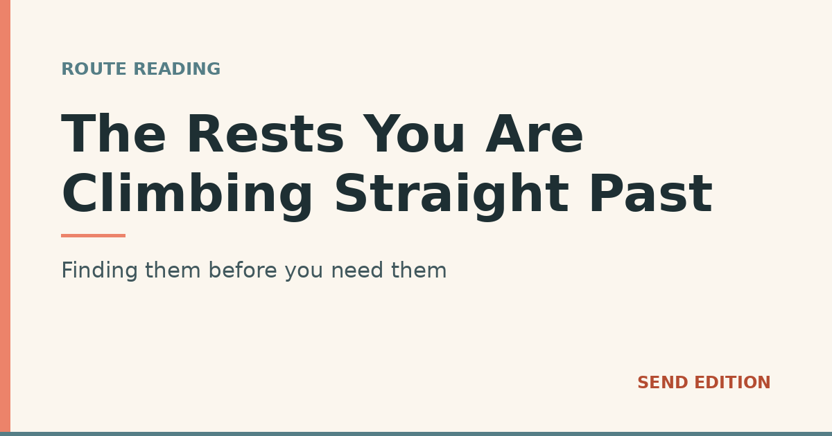 The Rests You Are Climbing Straight Past. Finding them before you need them. Send Edition title card.