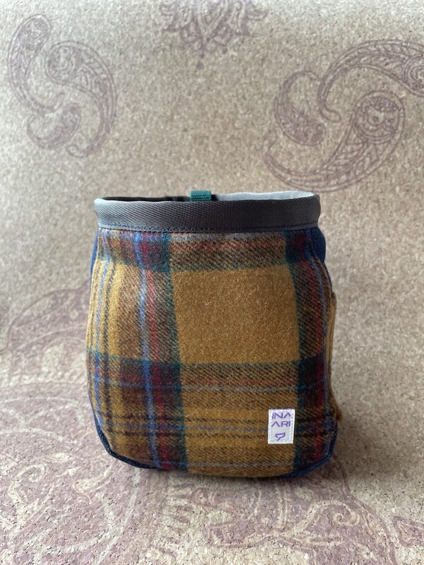 Inaari handmade chalk bag in a brown plaid fabric